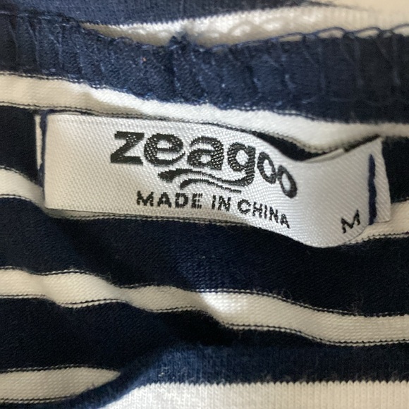 Zeagoo Top Women Size M Navy & White Stripes Long Sleeves High Neck w Tie - Picture 7 of 8